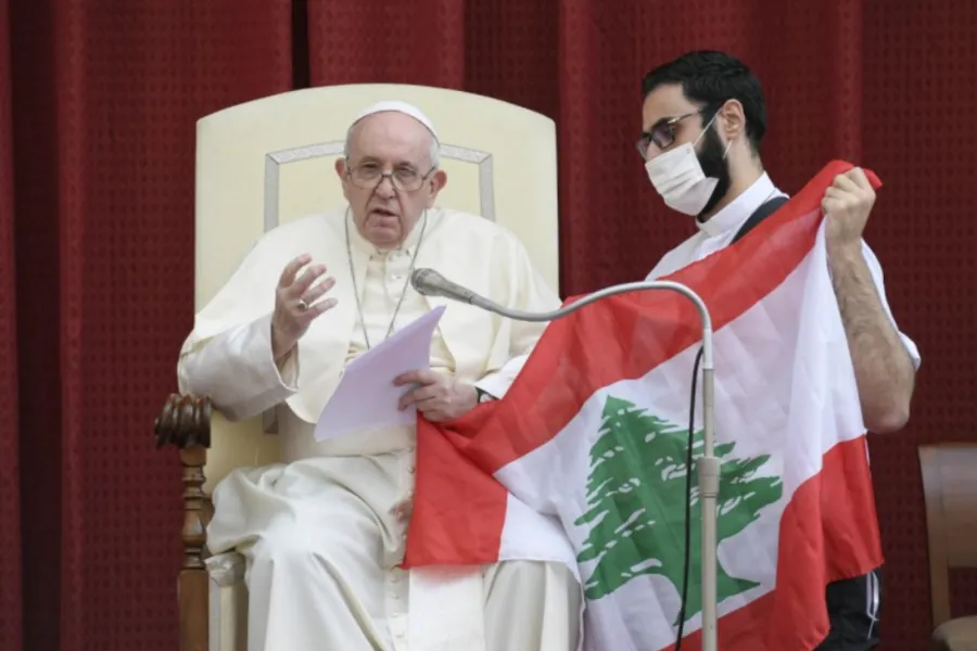 Pope Francis with the flag of Lebanon at a general audience at the Vatican, Sept. 2, 2020.?w=200&h=150